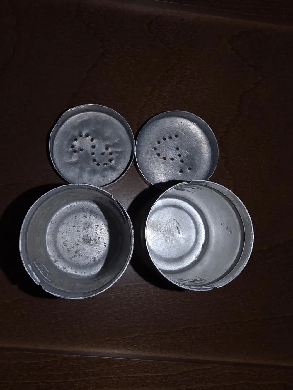 Vintage 1950s Aluminum Tin Funnel, Measuring Cup & Salt & Pepper Shakers